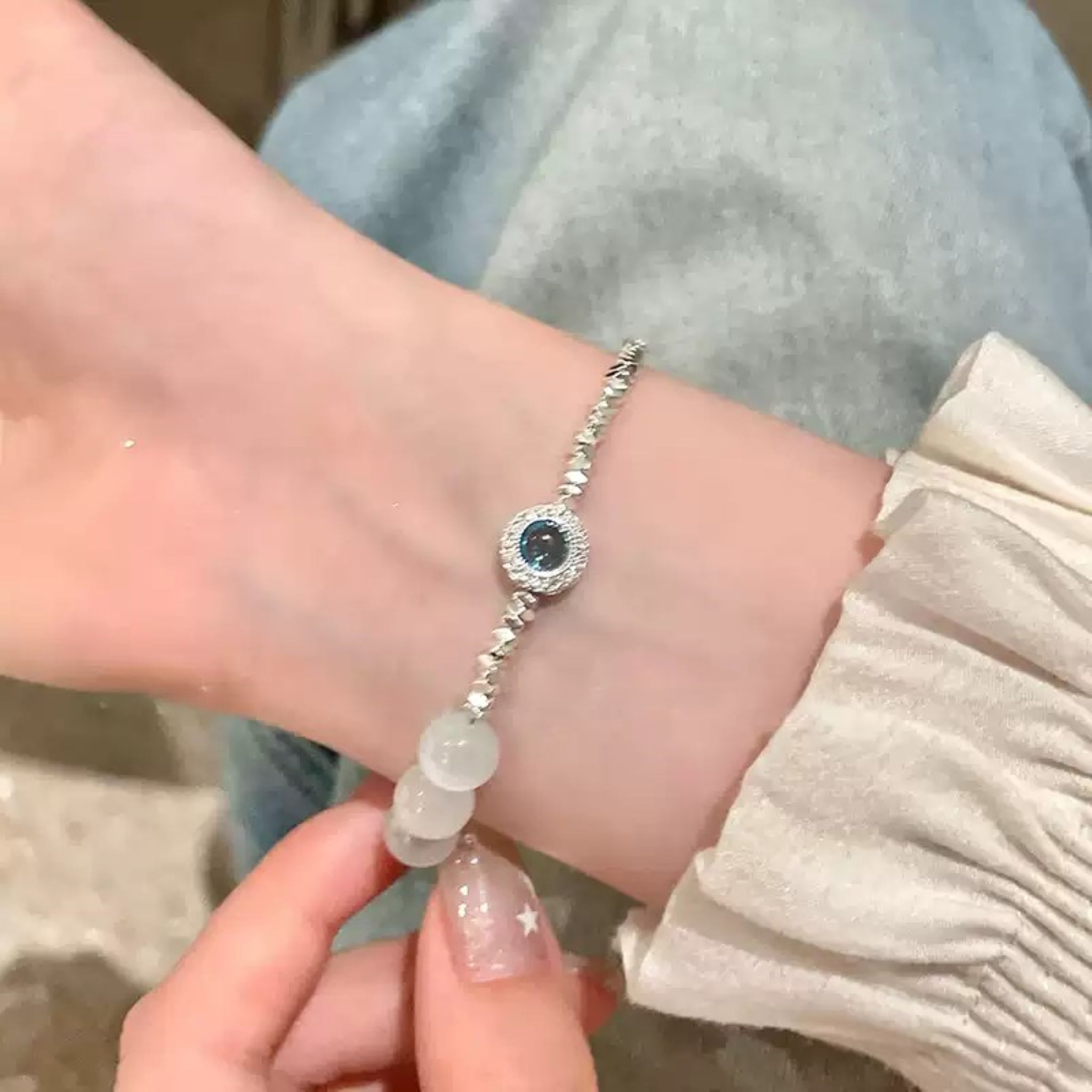 Cat's Eye Silver Beaded Bracelet